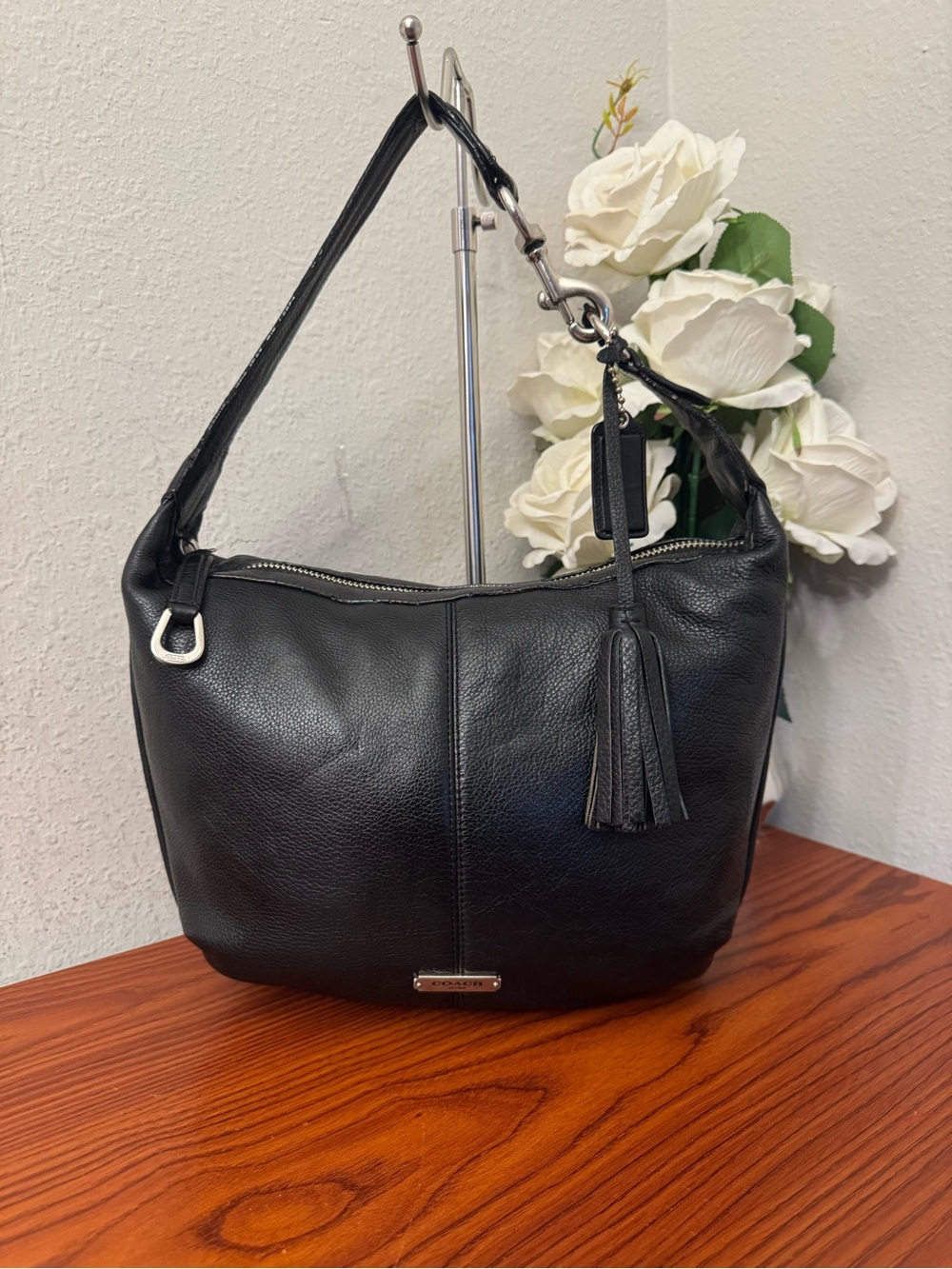 Coach Black Pebbled Leather Hobo Shoulder Bag with Tassel